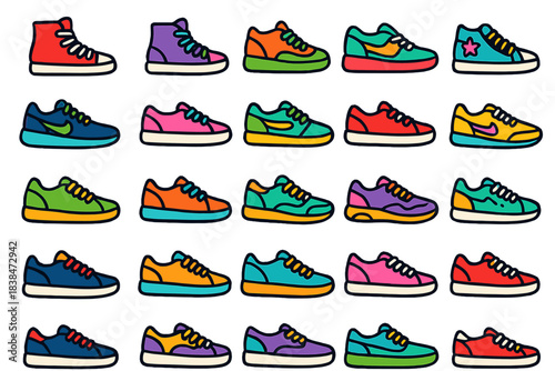 Various colorful shoes displayed in a grid pattern on a white background showing different designs and styles
