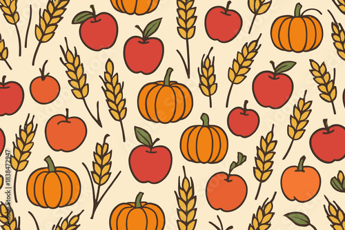 Pattern with apples, pumpkins, and wheat on a light background for seasonal decoration or crafts in autumn