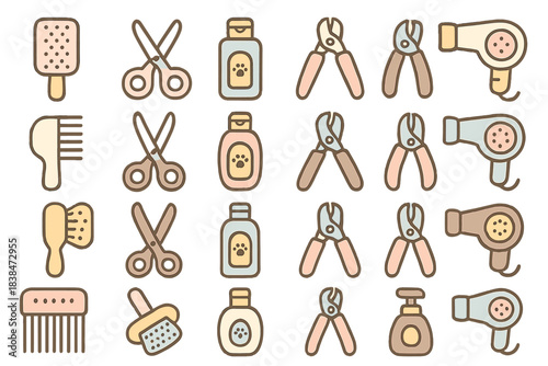 Hair tools and products arranged in a grid showcase common items used in hair care and styling routines