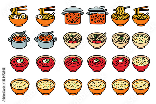 Various types of noodles and soups displayed in bowls and pots during a meal preparation scene
