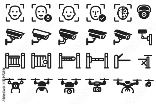 Icons showing security elements like cameras, drones, and facial recognition technology in a modern setting