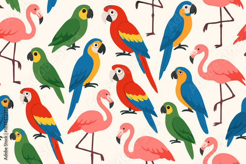 Colorful birds on a light background with different species such as macaws, parrots, and flamingos arranged in a repeated pattern