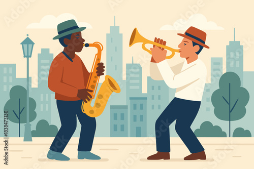 Musicians perform in the park during the day with city buildings in the background while playing saxophone and trumpet