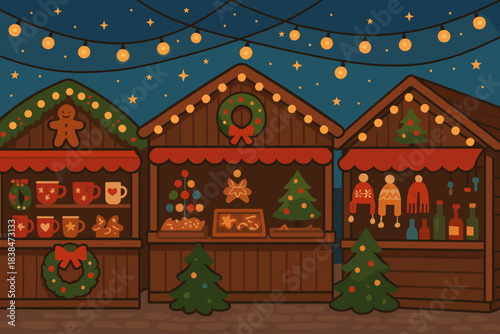 Holiday market with festive stalls displaying treats and decorations at night