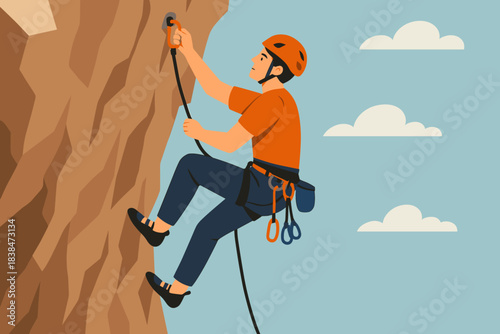 Climber practices rock climbing skills on steep cliff under clear blue sky in sunny day
