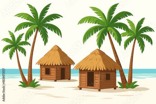 Two beach huts under palm trees by the water in a tropical setting during daytime