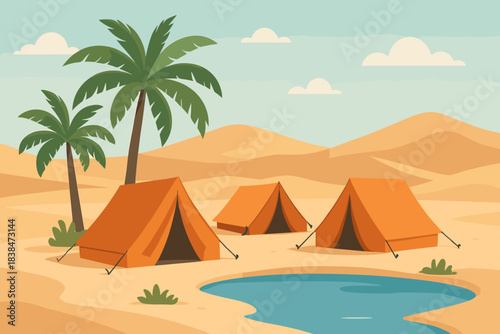 Tents set up near a water source in a desert landscape under a blue sky with a few clouds