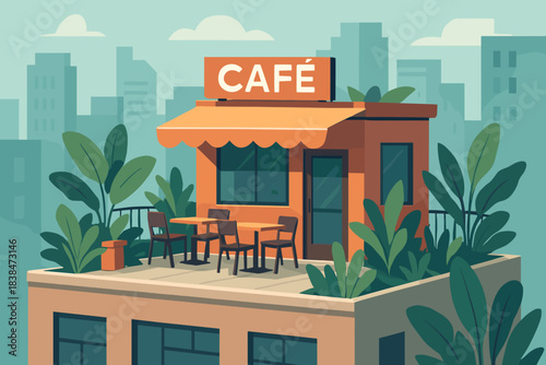 Rooftop cafe with plants and seating in a city skyline during daylight hours