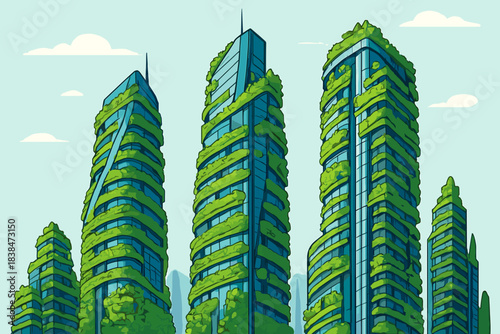 Modern buildings with green plants growing on the sides in a cityscape during daytime