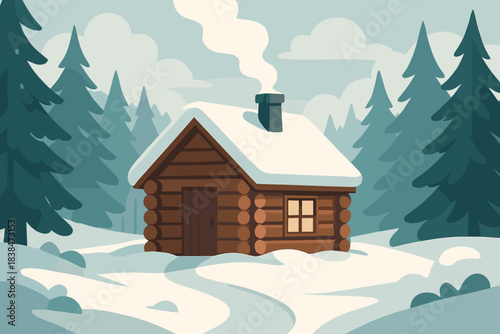 Winter scene with a cabin surrounded by pine trees and snow on the ground in a quiet forest setting