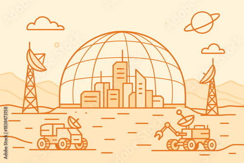 Futuristic city in a dome with vehicles and satellite dishes on a distant planet during daytime