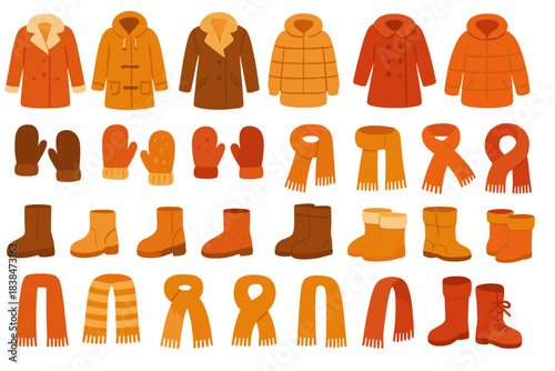 Collection of winter clothing items in orange colors with coats, scarves, mittens, and boots on a white background
