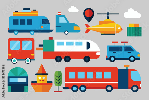 Colorful transportation icons vehicles set cartoon style illustration design