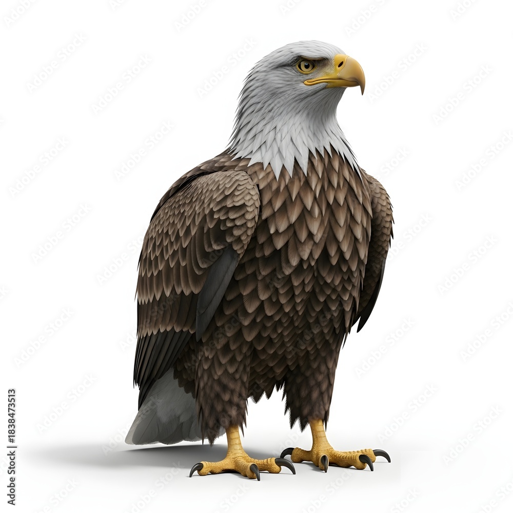 Naklejka premium Majestic bald eagle standing on white background, powerful bird of prey with striking yellow beak and keen eyes, symbol of freedom
