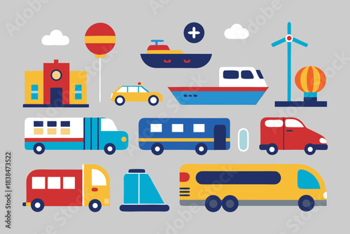 Colorful vehicles and transportation icons school bus car boat airplane