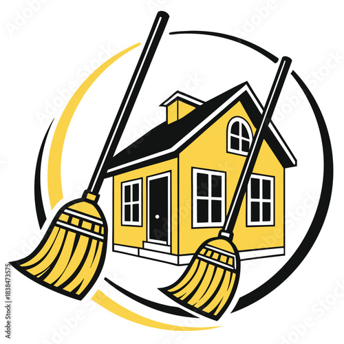 Vector illustration cleaning service logo with yellow house and two brooms