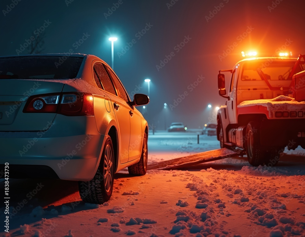 Obraz premium Broken car loaded onto tow truck at snowy parking lot at night. Roadside help vehicle with flashing lights aids stranded driver. Winter car recovery service.
