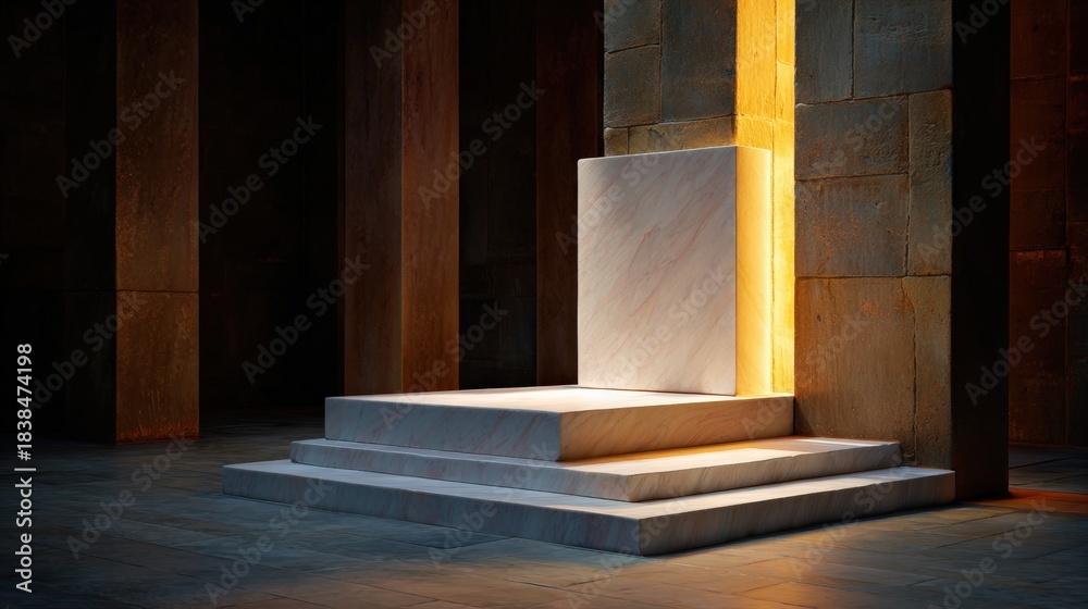 Naklejka premium Illuminated marble pedestal in ancient stone temple interior