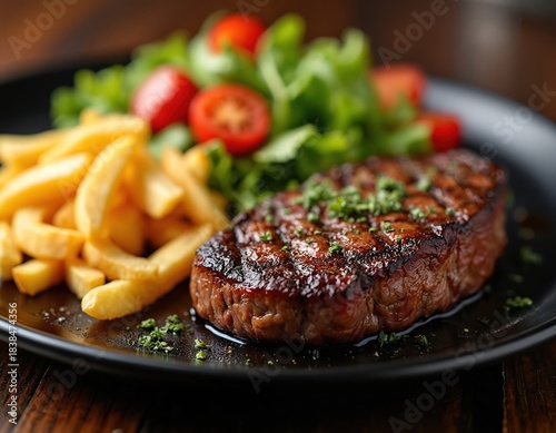 Juicy grilled sirloin steak served with golden french fries and fresh green salad. Delicious beef fillet with tomatoes and lettuce on black plate. Perfect meal for lunch or dinner.