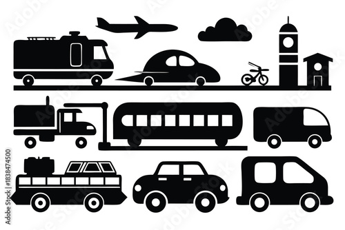 Transportation icons set black silhouettes vehicles airplane bus car truck bicycle cityscape