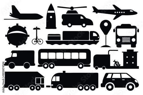 Transportation icons set black silhouettes vehicles airplane bus truck helicopter rocket