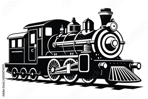 Vintage steam locomotive black and white illustration railroad train transportation retro classic engine