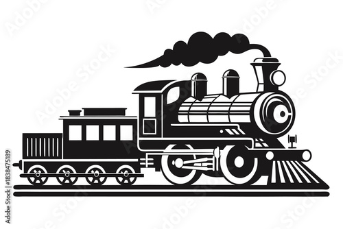 Vintage steam locomotive train black and white illustration retro railroad transportation