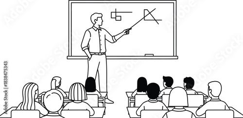 Line Art Teacher Explaining Geometry to Students at Blackboard in Classroom, Lesson Illustration