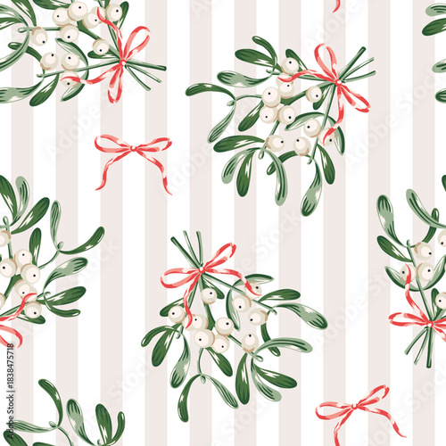 Christmas seamless pattern, mistletoe, red bows, striped background. Vector illustration. Nature design. Season greeting. Winter holidays