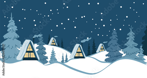 In a winter scene, houses with sloped roofs are surrounded by snow-covered trees under a starry night sky, capturing a festive atmosphere during holiday travels