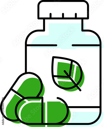 Herbal supplements bottle with organic green capsules