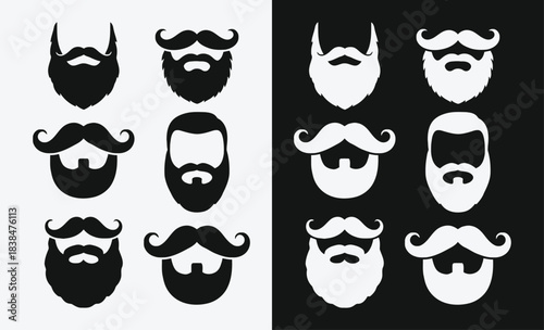 Variety of black and white beard and mustache styles vector illustration set, EPS