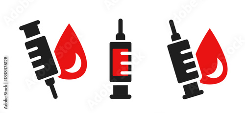 Blood test icon. Syringe and drop of blood. Vector flat icon.