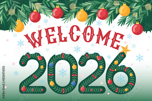Happy New Year 2026 Festive Illustration with Christmas Garland and Ornaments
