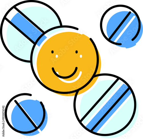 Smiley face surrounded by antidepressant pills doodle drawing
