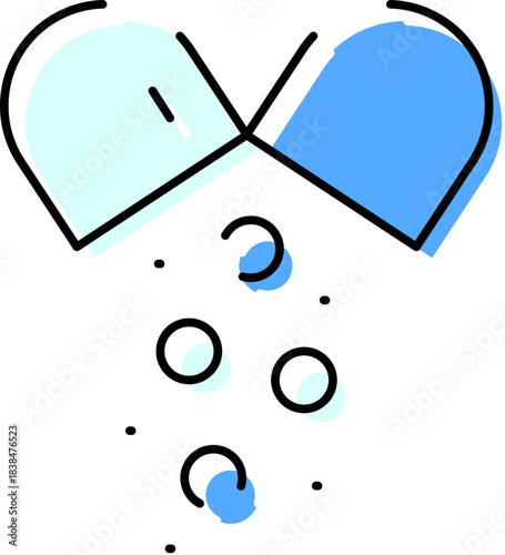 Open capsule releasing medication particles flat line style icon