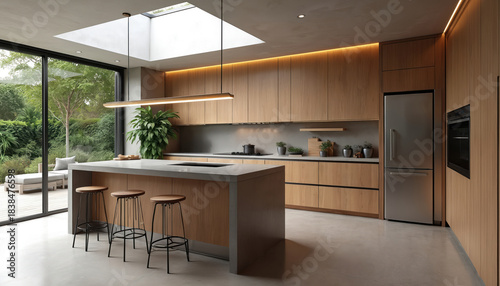 Modern kitchen features wood cabinets, grey island countertop, bar stools. Large window, skylight bring natural light. Stainless steel appliances, oven, fridge built-in. Green garden patio connected