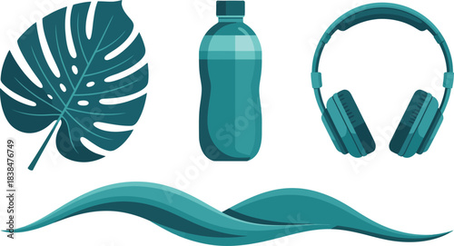 Tropical monstera leaf water bottle headphones and wave elements for summer fitness and relaxation designs
