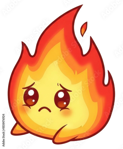 A cute, cartoonish, sad-faced flame character with a bright orange and yellow color scheme.