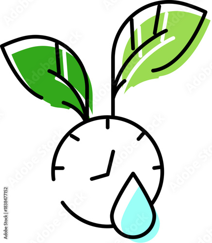 Growth time icon with plant leaves and water drop