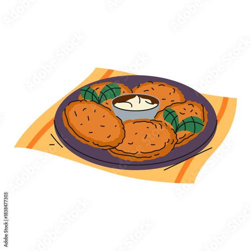 Hash brown or fried potato pancake. Vector meal or Ukrainian dish. Breakfast or brunch, dinner nutrient. Culinary crispy snack. Rustic homemade cuisine or oily crunchy food. Gastronomy or cooking sign