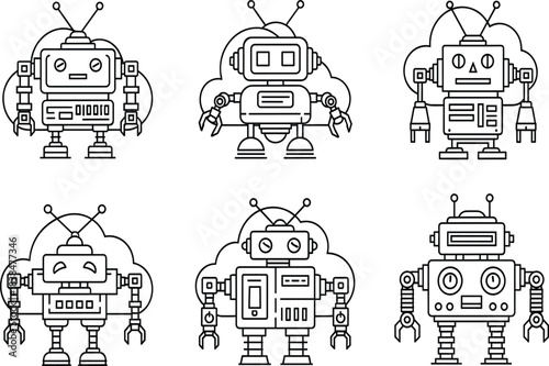 Outline Vector Icon Set Featuring Various Robots Connected to Cloud Computing for Artificial Intelligence and Modern Automation Technology.