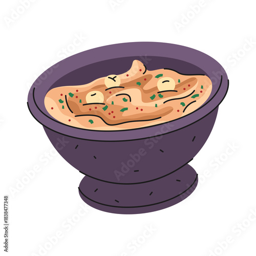 Arabian hummus dish or bean, chickpea Arabic food. Vector meal in bowl, middle east mezze, gastronomy snack or appetizer sign for menu. Homemade recipe icon. Mediterranean cuisine and culinary.
