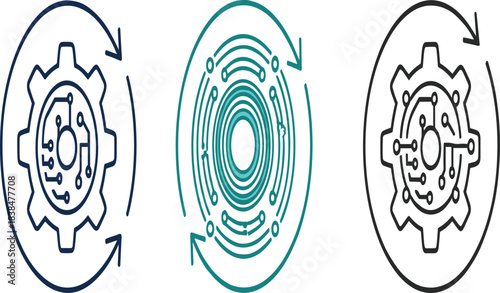 Digital Gear and Circuit Board Icon Set with Refresh Arrows for Technology Process System Update or Continuous Improvement Cycle.