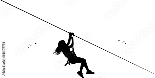 girl riding on a zip line silhouette vector illustration
