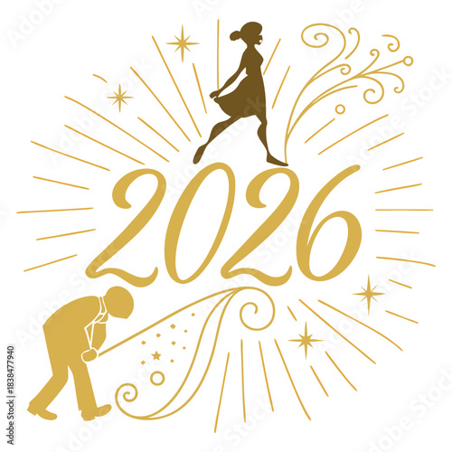 Elegant 2026 Happy New Year concept with golden text and fireworks pattern on a simple white background