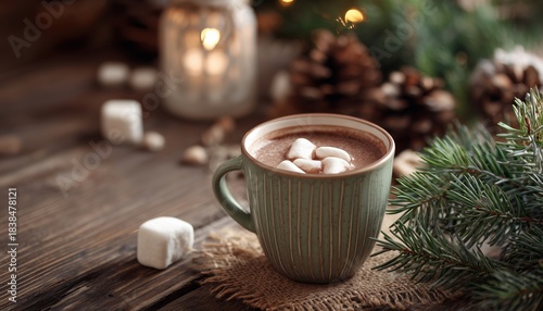 Wallpaper Mural Cozy Christmas Scene: Hot Cocoa With Marshmallows, Fir Branches, And Decorations In A Country House. Embracing Danish Hygge Vibes. Torontodigital.ca