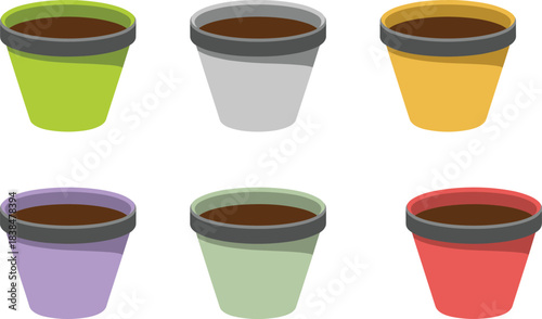 Set of six colorful plant pots with soil filled gardening containers plastic planters vibrant flower pots collection vector illustration home planting accessories garden decor