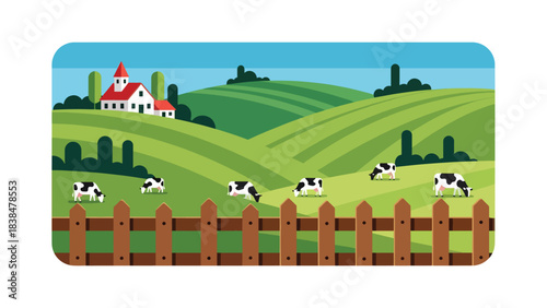Flat illustration of a peaceful European countryside with rolling hills, farmhouse, wooden fence, and grazing cows. Perfect for rural life, farming, and nature themes