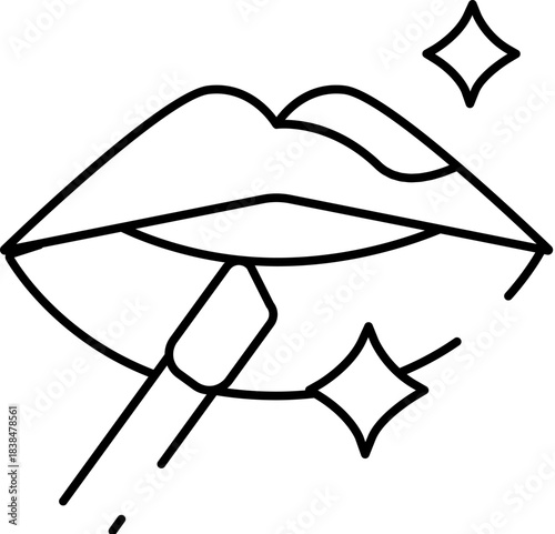Applying lip gloss to shiny lips line art icon